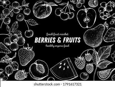 Berries and fruits drawing collection. Hand drawn berry sketch. Vector illustration. Strawberry, apple, watermelon, blueberry, cranberry, raspberry, peach, cherry, pear, gooseberry illustration.