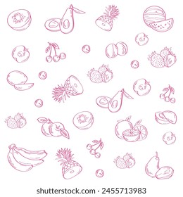 Berries and fruits drawing collection. Hand drawn berry and fruit sketch. Vector illustration. Engraved style. Vector fruits pattern. Fruits seamless background