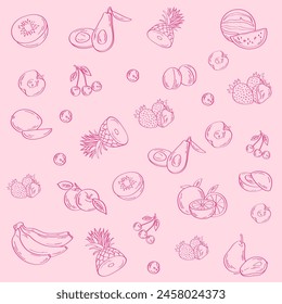 Berries and fruits drawing collection. Hand drawn berry and fruit sketch. Vector illustration. Engraved style. Vector fruits pattern. Fruits seamless background
