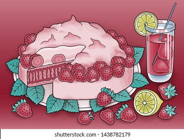 Сake, berries, fruits, drink hand drawn vector doodles illustration. Nature and food elements and objects cartoon background.  