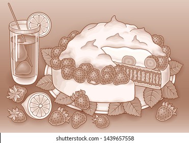 Сake, berries, fruits, drink hand drawn vector doodles illustration. Nature and food elements and objects cartoon background.  