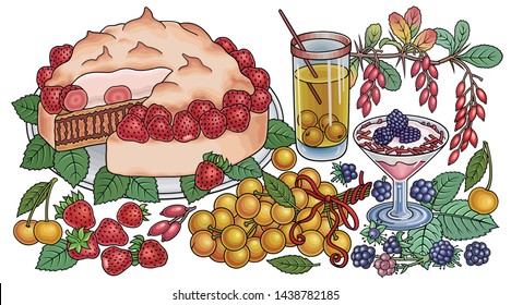 Сake, berries, fruits, drinks hand drawn vector doodles illustration. Nature and food elements and objects cartoon background.  