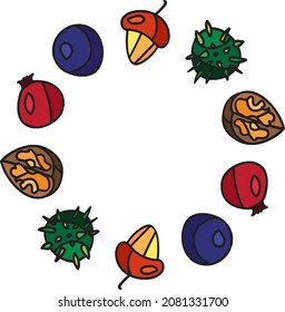 Berries and fruits of forest plants natural fruit vector round frame. Forest foliage plant seasonal brown nut. Raw healthy shelled ingredient, park or garden wood harvest flat cartoon