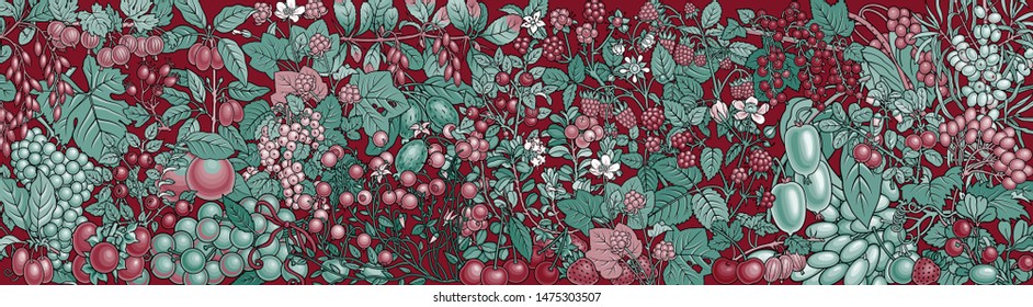 Berries, fruits hand drawn vector doodles illustration. Nature and food elements and objects cartoon background.  