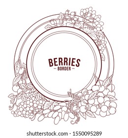 Berries and fruits hand drawn vector doodles illustration. Nature and food elements and objects cartoon background. Round frame design