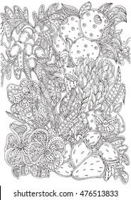 Berries, fruits, herbs and flowers. Hand-drawn pattern in black and white. Adult coloring book page, textile and tattoo design. Vector background illustration. Zendoodle.