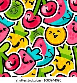 Berries and fruits mix pattern - lovely funny and bright painted pineapple, orange, watermelon and cherries with kiwi with black outline. For kids prints. Vector illustration