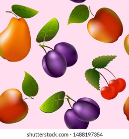 Berries and fruits in a pattern on a colored background.Fruits and berries in a seamless pattern.