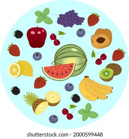 Berries and fruits randomly arranged in a blue circle. Backgrounds