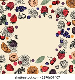 Berries and fruits retro frame design. Vintage advertisement for organic fruit product. Vector image.