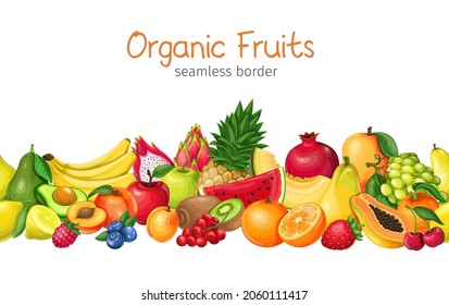 Beeren und Früchte nahtlose Muster Rahmen Rahmen Vektorgrafik. Pitaya, Granatapfel, Himbeeren, Erdbeeren, Trauben, Johannisbeeren und Heidelbeeren. Zitronen, Apfel, Apfelsinen und Avocado