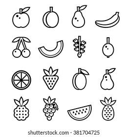 Berries and fruits set, black and white vector illustration