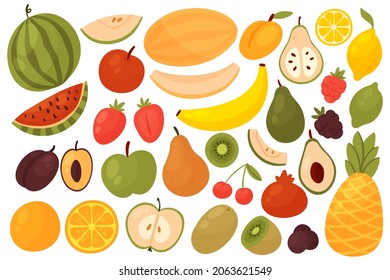 Berries and fruits set vector illustration. Cartoon half or whole berry and fresh fruit collection with orange watermelon apple plum strawberry kiwi pear banana avocado pineapple isolated on white