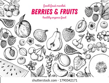 Berries and fruits sketch collection. Hand drawn vector illustration. Hand drawn berry and fruit. Peach, fig, pear, watermelon, raspberry, strawberry, blueberry, cranberry, cherry, plum 