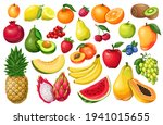 Berries and fruits vector illustration in cartoon style. Pitaya, pomegranate, raspberries, strawberries, grapes, currants and blueberries. Lemon, peach, apple, orange watermelon avocado and melon set
