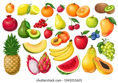 Berries and fruits vector illustration in cartoon style. Pitaya, pomegranate, raspberries, strawberries, grapes, currants and blueberries. Lemon, peach, apple, orange watermelon avocado and melon set