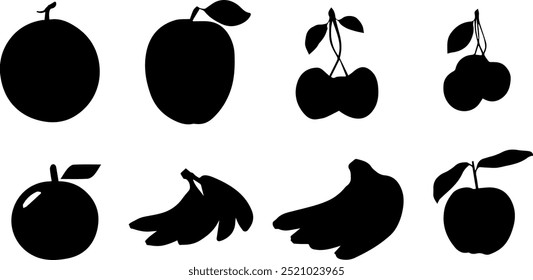 Berries and fruits vector illustration in cartoon style. Pitaya, pomegranate, raspberries, strawberries, grapes, currants and blueberries. Lemon, peach, apple, orange watermelon avocado and melon set