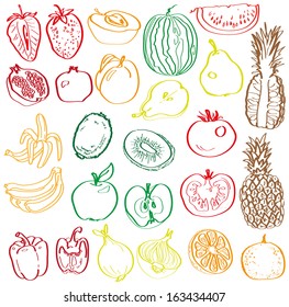 berries, fruits and vegetables and whole section on a white background