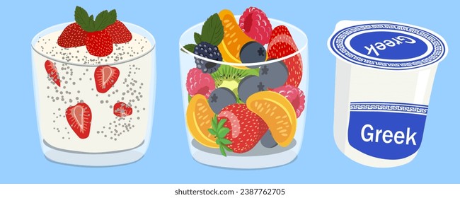 berries and fruits with yogurt in vector. assorted fruits. delicious healthy beautiful food in semi-realistic style. objects for the menu of a cafe bar restaurant application website leaflet booklet.