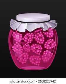 Berries for game design. Raspberries in a glass jar with a white lid. Templates for mobile, client and browser applications. Volumetric vector colorful objects for stylization.