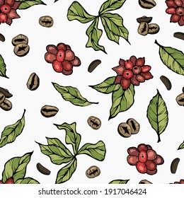 Cerezas y granos de café. Patrón sin fisuras del café. Fondo blanco, aislado. Diseño para tela, textil, embalaje, papel pintado.
