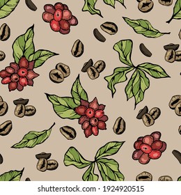 Cerezas y granos de café. Patrón sin fisuras del café. Diseño para tela, textil, embalaje, papel pintado.	
