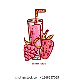 Berries hand drawn colored art. Doodle style vector illustration. Raspberry and strawberry juice concept