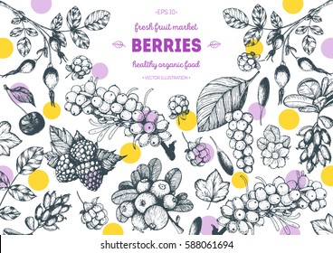 Berries hand drawn vector illustration frame. Hand drawn sketch illustration with goji berries, buckthorn, cloudberry, cherry, raspberry, barberry. Healthy food design template with berries