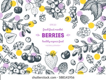 Berries hand drawn, vector illustration frame. Hand drawn sketch illustration with goji berries, cranberry, cloudberry, cherry, raspberry, currant, strawberry. Food design template with berries