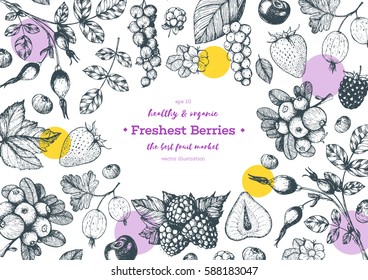 Dibujo manual bayas, marco de ilustración vectorial. Dibujo dibujado a mano con currant, arándano, moras, cereza, guisantes, frambuesa, fresa. Plantilla de diseño de alimentos saludables con bayas