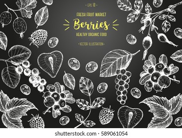 Berries hand drawn, vector illustration frame. Healthy food design template with berries