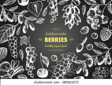 Berries hand drawn, vector illustration frame. Healthy food design template with berries