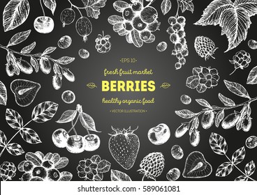 Berries hand drawn, vector illustration frame. Healthy food design template with berries