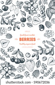 Marco de ilustración vectorial dibujado a mano de Berries. Plantilla de diseño de alimentos saludables con bayas