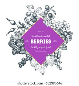 Berries hand drawn vector illustration. Hand drawn sketch illustration with with cherry, raspberry, cranberry, barberry, strawberry, goji berries. Healthy food, circle design template with berries.