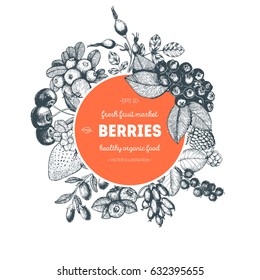 Berries hand drawn vector illustration. Hand drawn sketch illustration with with cherry, raspberry, cranberry, barberry, strawberry, goji berries. Healthy food, circle design template with berries.