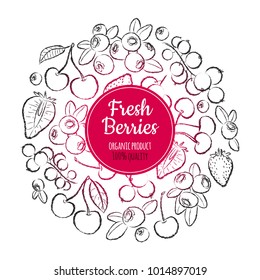 Berries hand drawn vector sketch illustration with strawberry, cherry, black and red currant, blueberry. Circle design template with fresh berries.