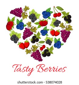 Berries heart shape. Vector garden and forest berry harvest of tasty grape bunch, strawberry, raspberry, blueberry, blackberry, cherry, blackcurrant