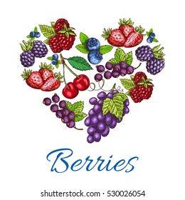 Berries heart shape. Vector berries with grape bunch, strawberry and raspberry, blueberry, blackberry, cherry and blackcurrant. Organic food of forest and farm berries for jam, juice.