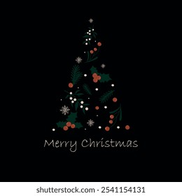 Berries, holly and pine twigs in a form of Christmas tree on dark background. New Year doodle symbols and lettering. Hand drawn items for cards and posters