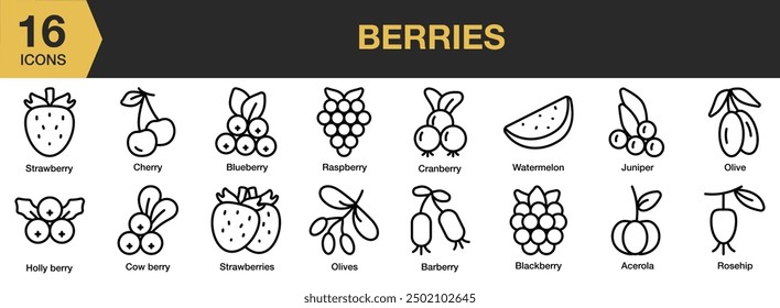 Beeren-Icon-Set. Beinhaltet Acerola, Barbeere, Kirsche, Hagebutte, Erdbeeren, Oliven und mehr. Gliederungssymbole, Vektorsammlung.