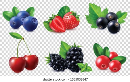 Berries icons set with cherry blueberry blackberry strawberry cranberry currant isolated on transparent background realistic vector illustration