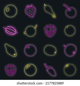 Berries icons set. Illustration of 16 berries vector icons neon color on black