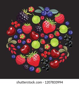 Berries isolated on black background. Template for banner, poster, flyer. Vector illustration in cartoon flat style. 