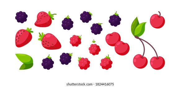 Berries isolated in white background. Juicy cherry, raspberry, blackberry and strawberry. Square design for banners. Vector illustration in cartoon style