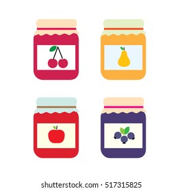 Berries  jams. Blueberry, pear, apple, cherry jam jars. vector illustration.