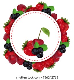 Berries label with strawberry, cherry and blueberry. Vector illustration