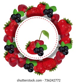 Berries label with strawberry, cherry and blueberry. Vector illustration