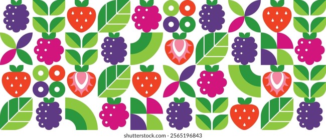 Berries and leaves. Abstract geometric seamless pattern with strawberries, blackberries and raspberries. Elements isolated on white background. Set of simple icons in flat style. Vector illustration