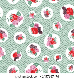 Berries and leaves with circles seamless pattern background. Vector.
